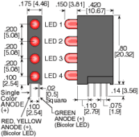 LEDtronics 41PCT170T4-R/G/G/G LED PC Board T1 3mm Quad-Level Right-Angle