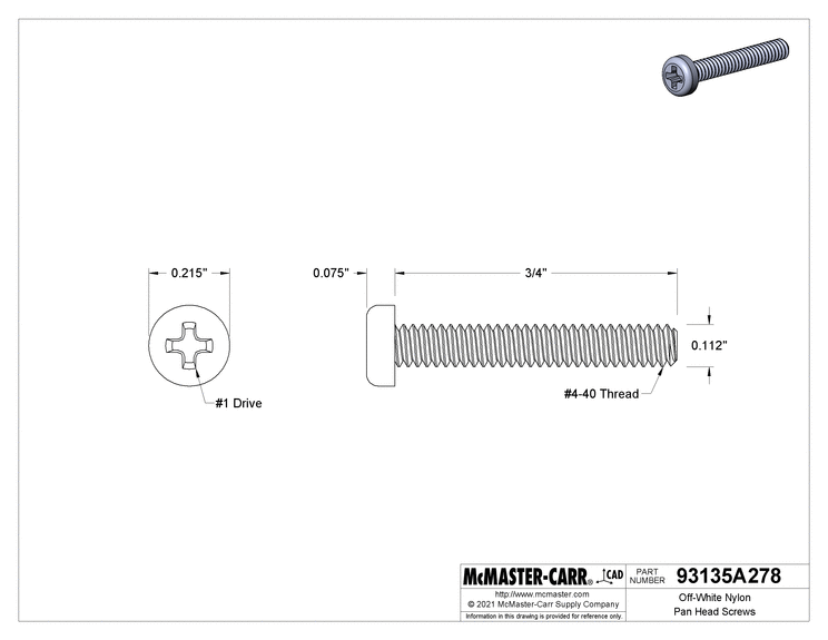 93135A278 Off-White Nylon Pan Head Phillip Screw 3/4" Long